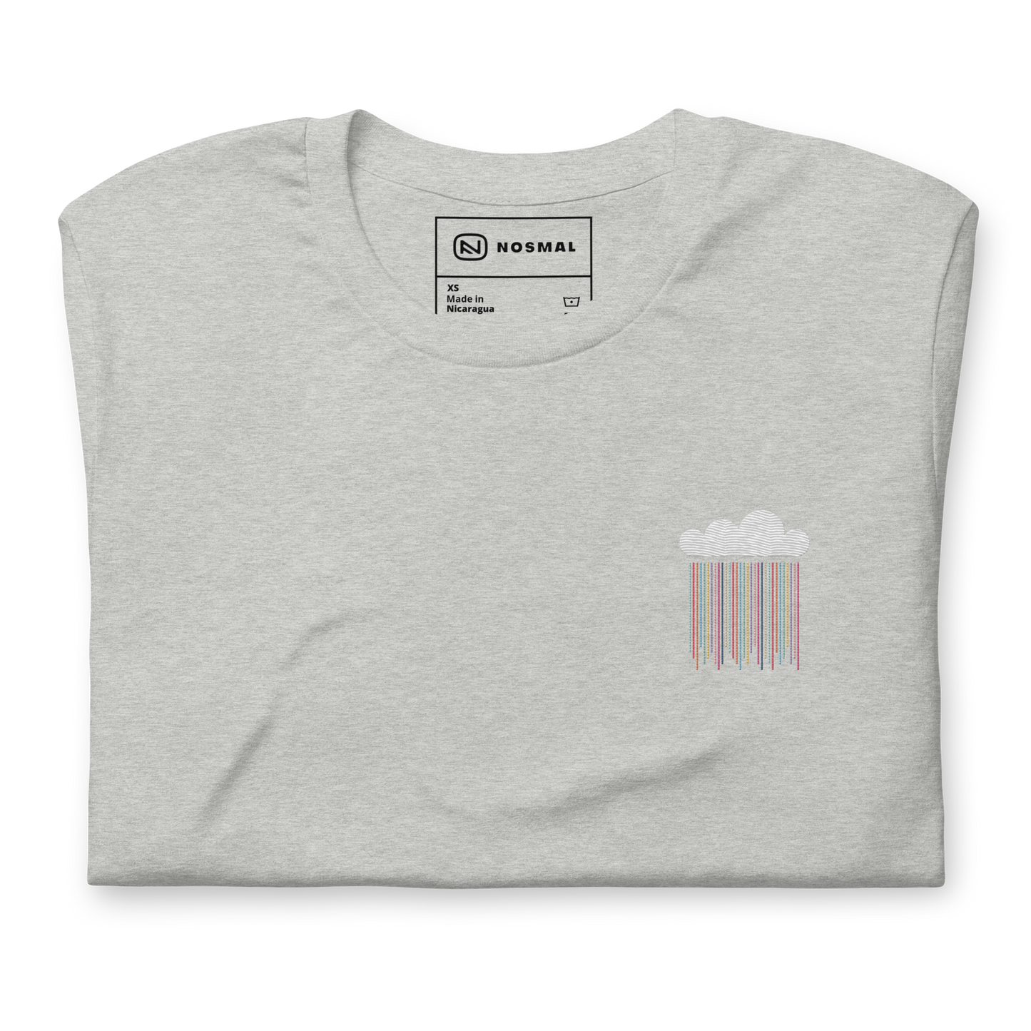 Top down view of prism rain embroidered design on heather athletic grey unisex t-shirt.