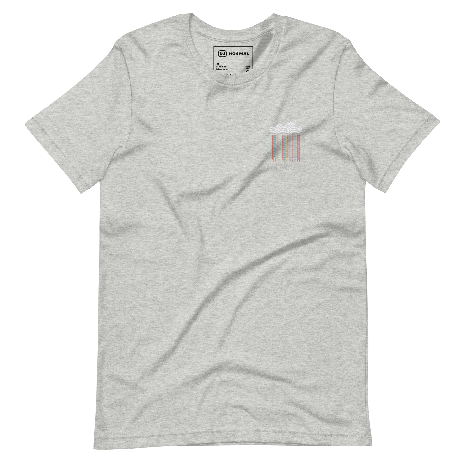 Straight on view of prism rain embroidered design on heather athletic grey unisex t-shirt.