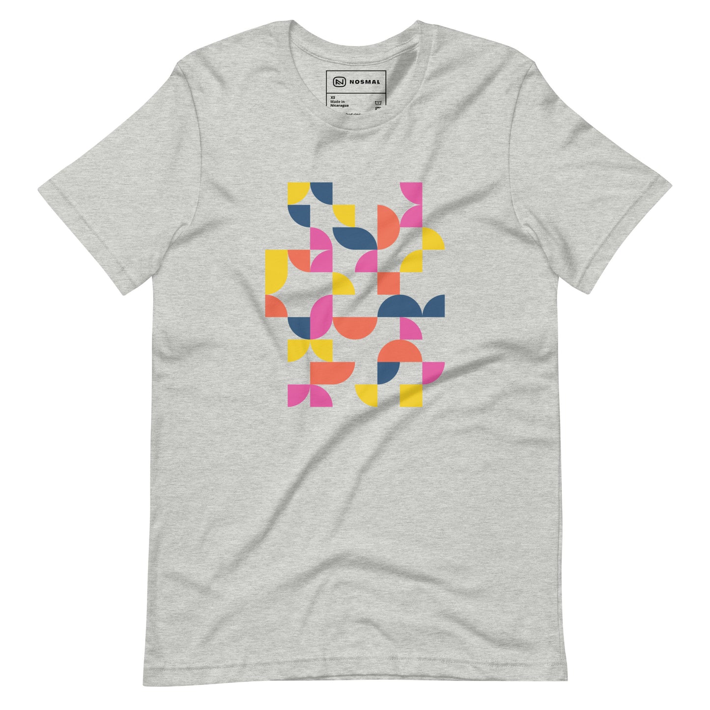 Straight on view of geometria I sunrise design on heather athletic grey unisex t-shirt.
