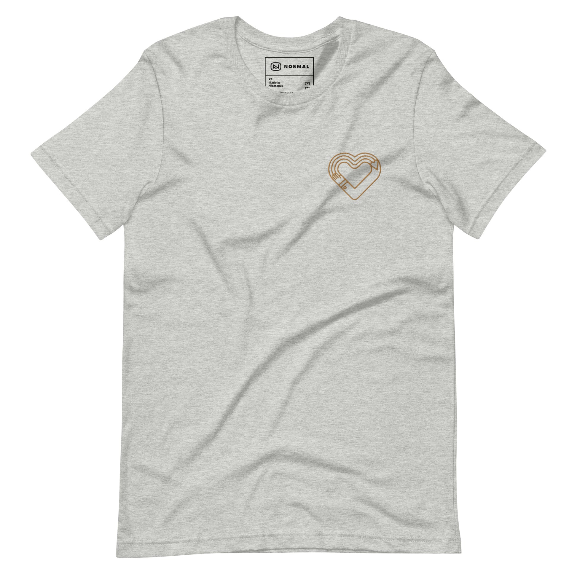 Straight on view of maker's heart II gold embroidered design on heather athletic grey unisex t-shirt.