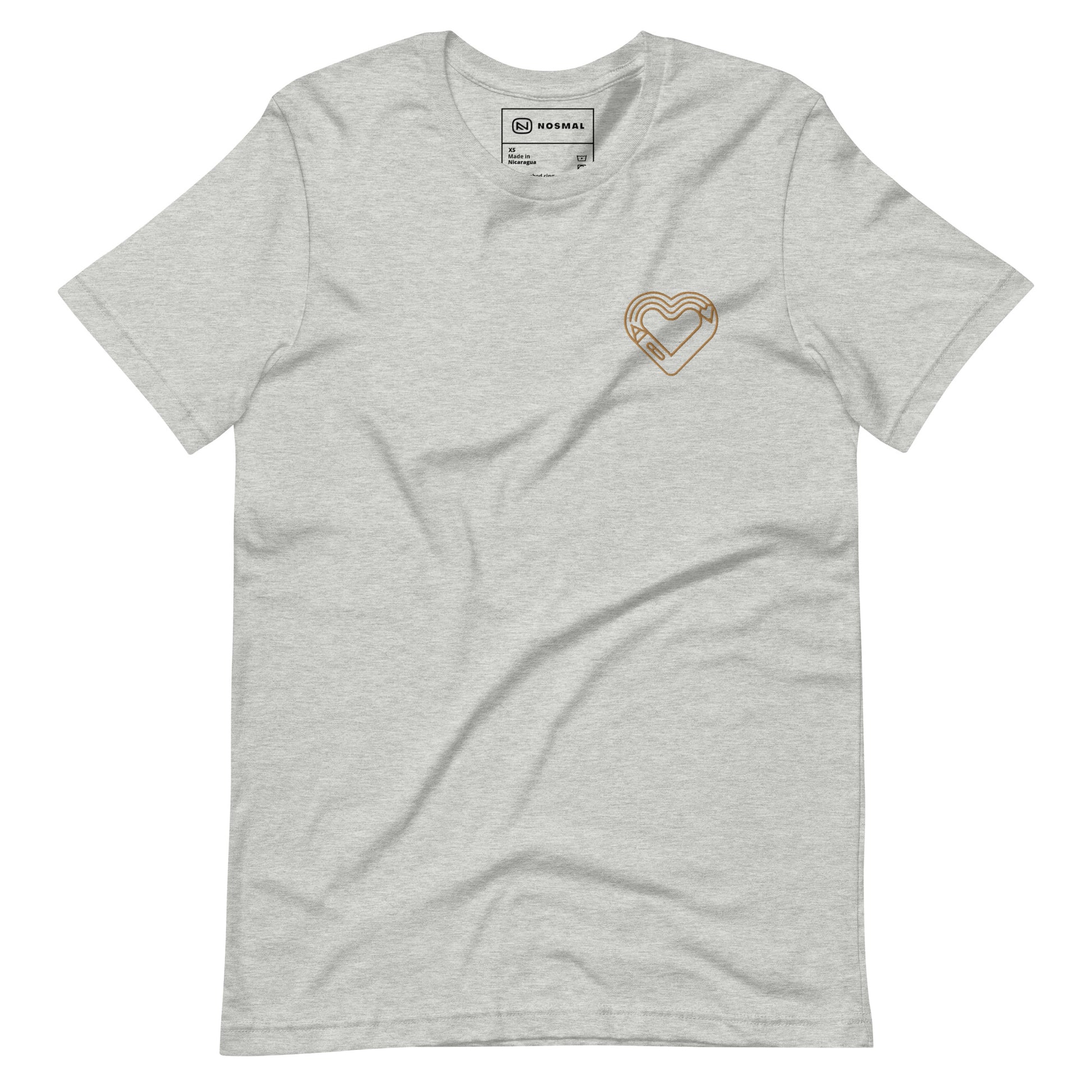 Straight on view of maker's heart I gold embroidered design on heather athletic grey unisex t-shirt.