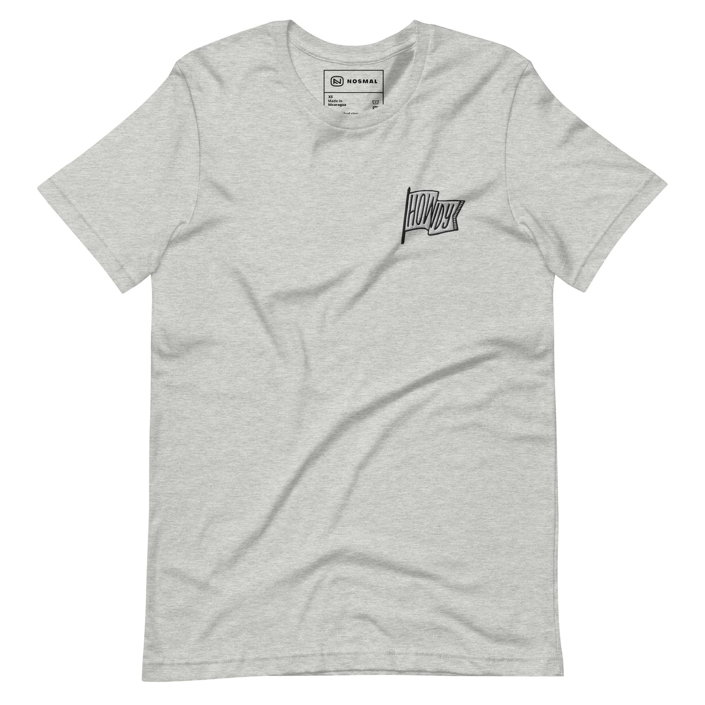 Straight on view of howdy embroidered design on heather athletic grey unisex t-shirt.