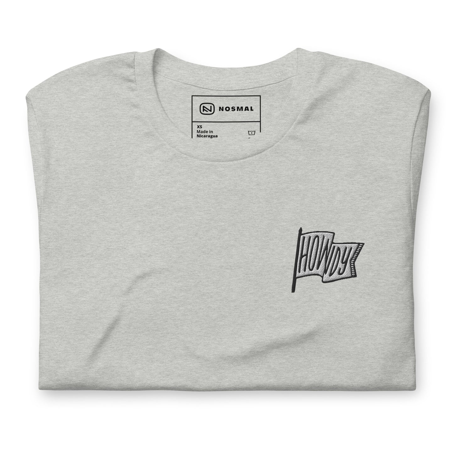 Top down view of howdy embroidered design on heather athletic grey unisex t-shirt.