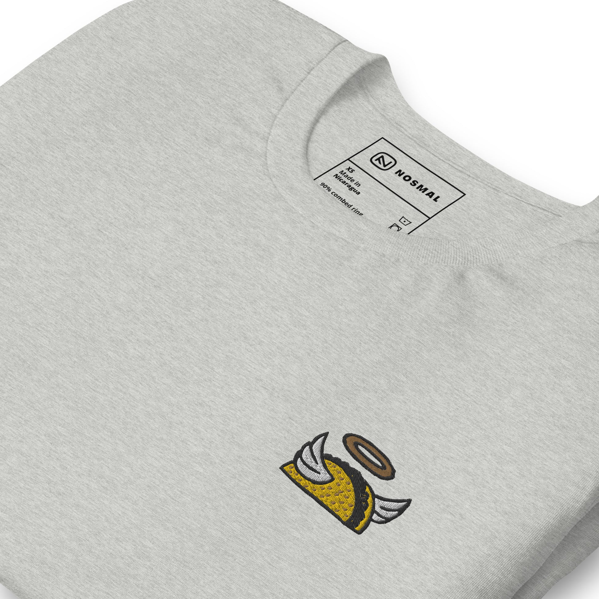 Angled close up holy taco club embroidered design on heather athletic grey unisex t-shirt.