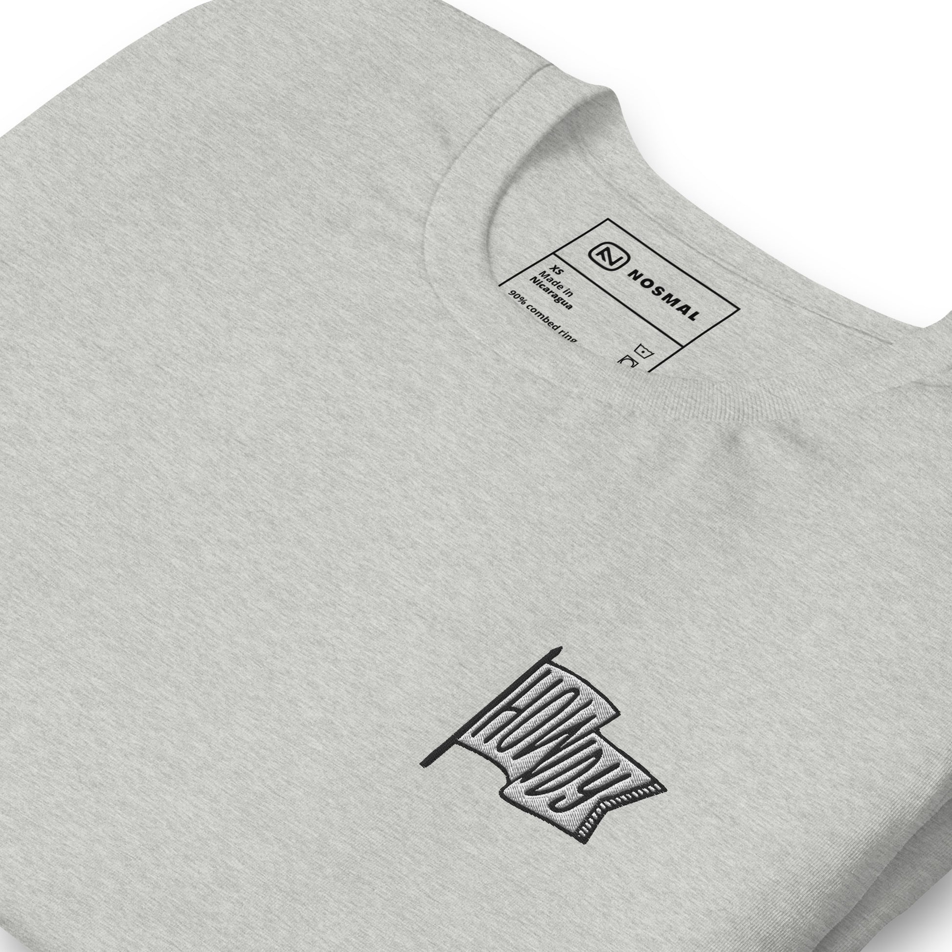 Angled close up howdy embroidered design on heather athletic grey unisex t-shirt.