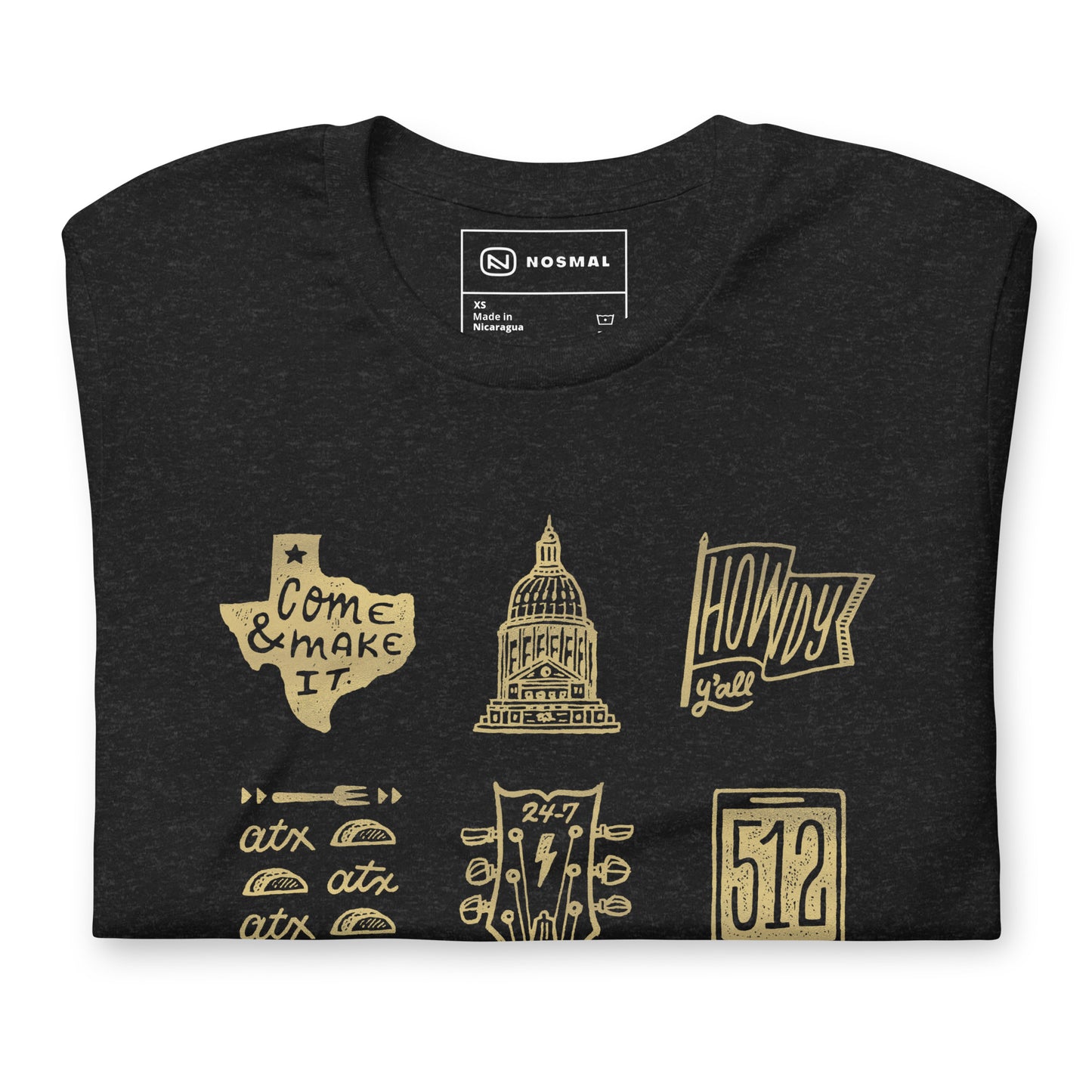 Top down view of ode to 512 gold design on heather black unisex t-shirt.