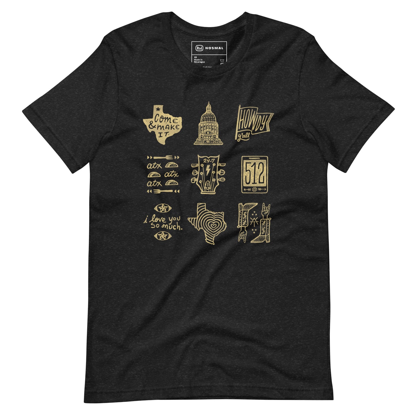 Straight on view of ode to 512 gold design on heather black unisex t-shirt.