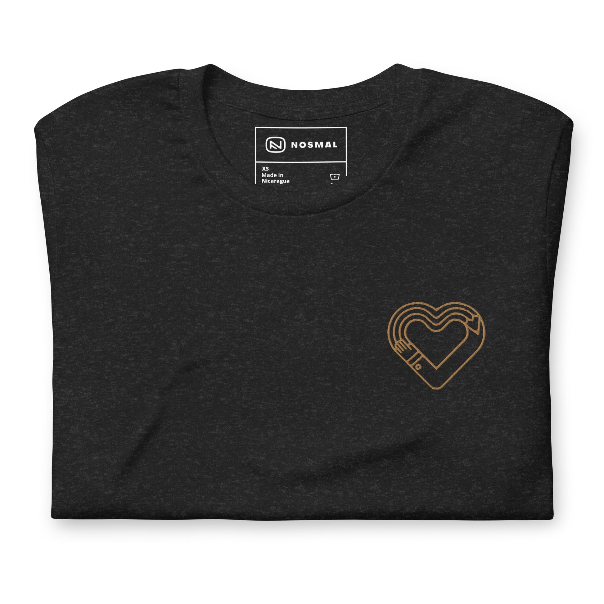 Top down view of maker's heart II gold embroidered design on heather black unisex t-shirt.