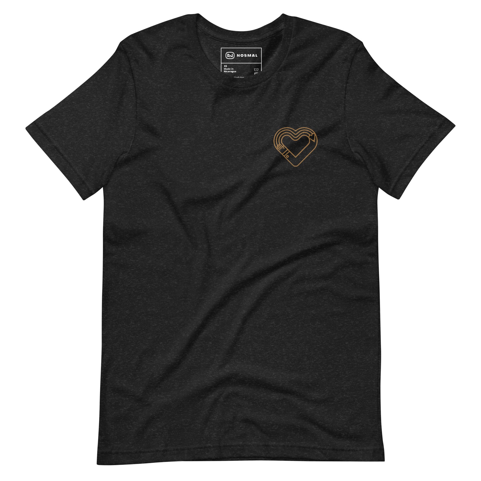Straight on view of maker's heart II gold embroidered design on heather black unisex t-shirt.