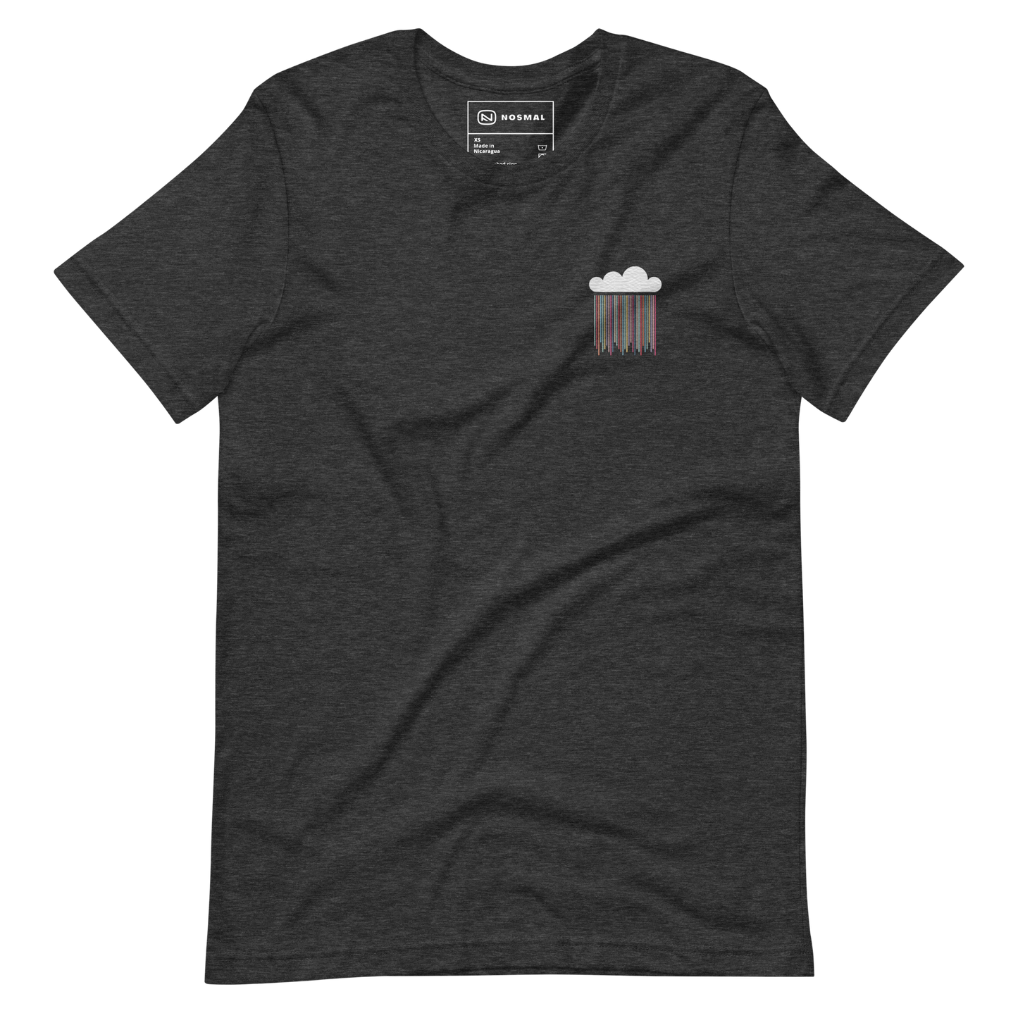 Straight on view of prism rain embroidered design on heather dark grey unisex t-shirt.