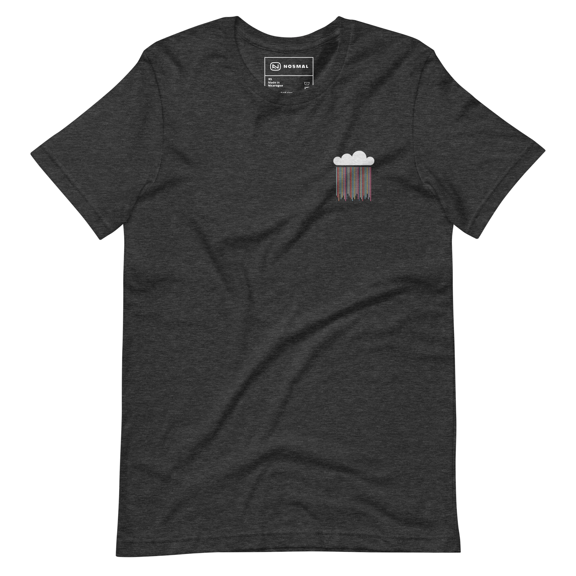 Straight on view of prism rain embroidered design on heather dark grey unisex t-shirt.