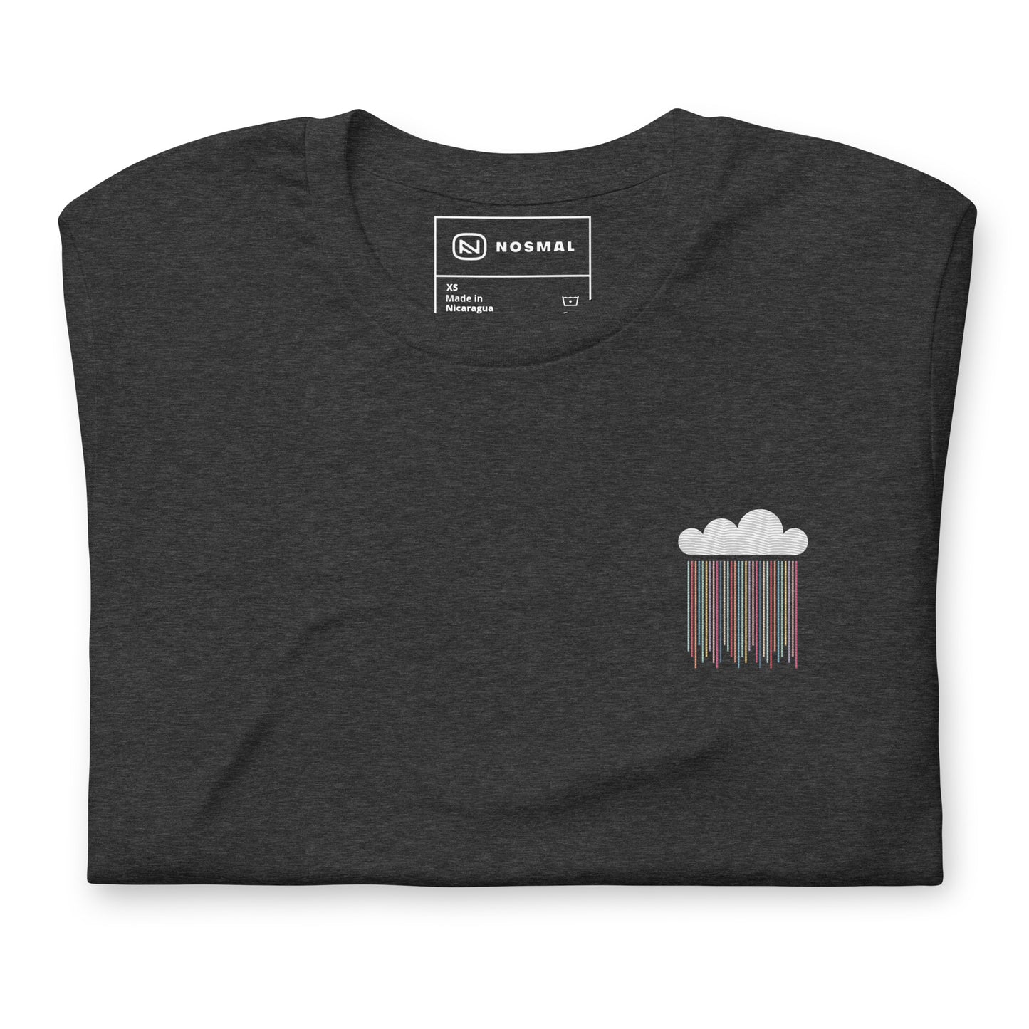 Top down view of prism rain embroidered design on heather dark grey unisex t-shirt.