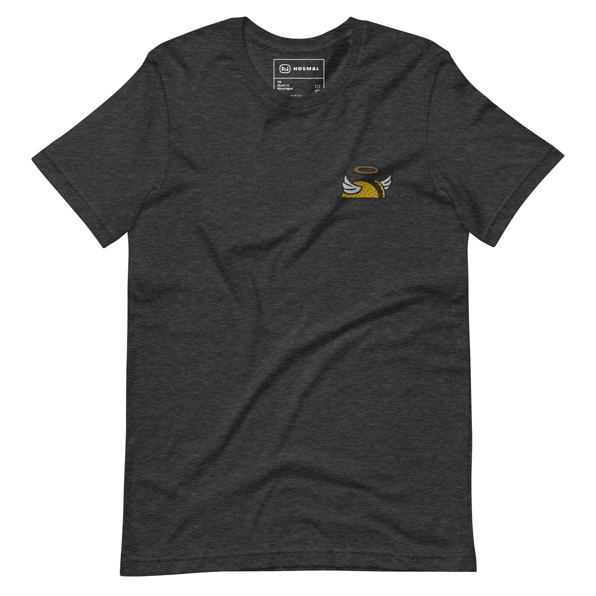 Straight on view of holy taco club embroidered design on heather dark grey unisex t-shirt.