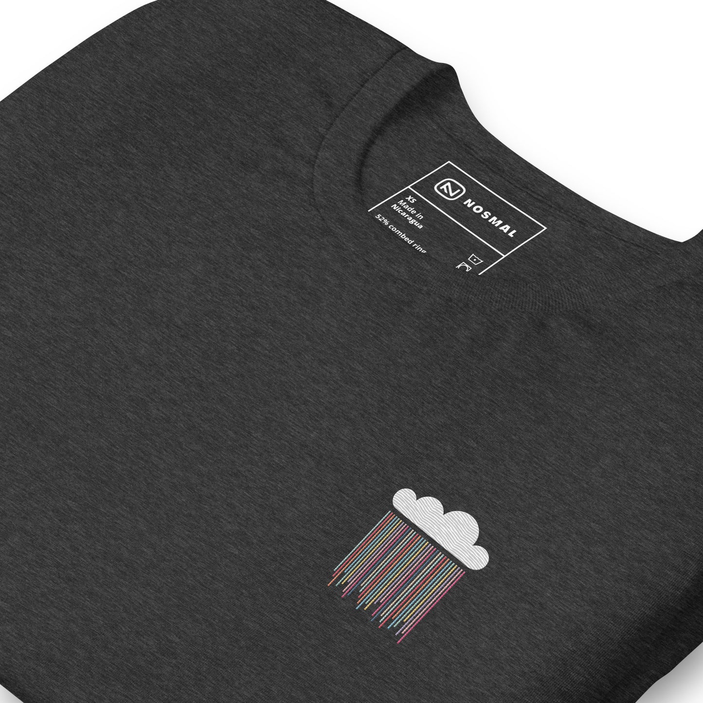 Angled close up prism rain embroidered design on heather dark grey unisex t-shirt.