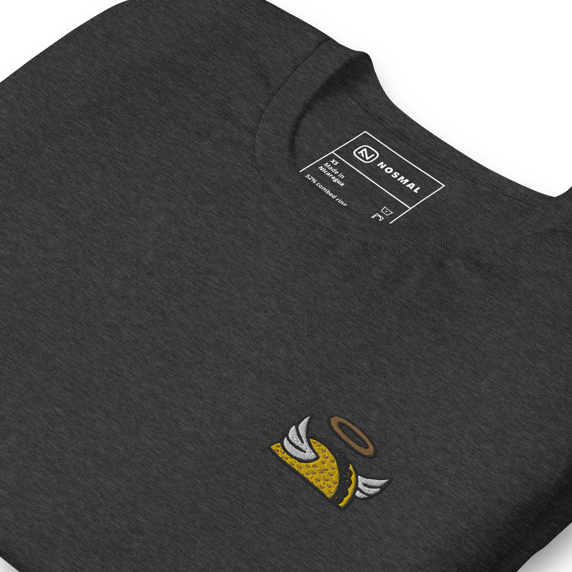Angled close up holy taco club embroidered design on heather dark grey unisex t-shirt.