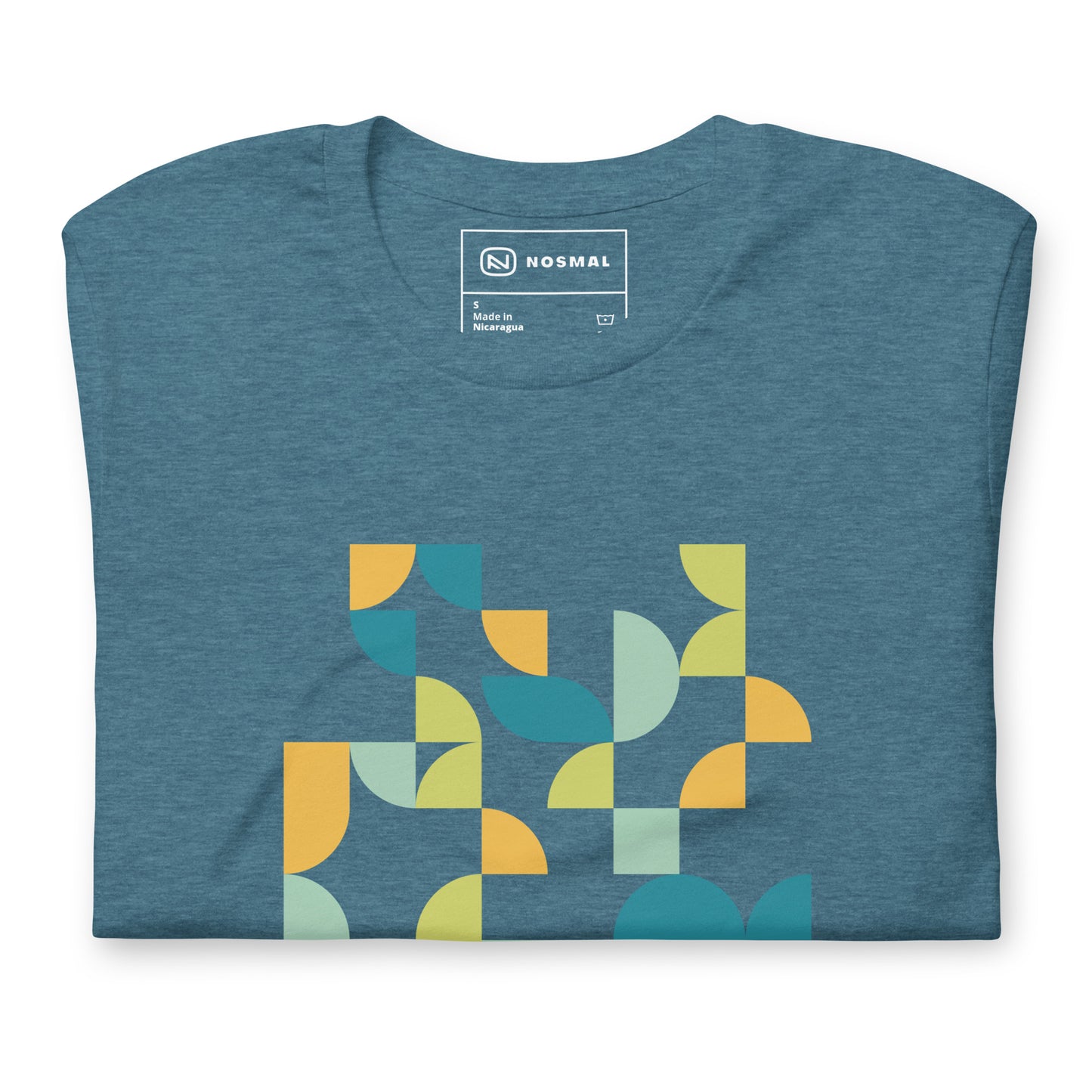 Top down view of geometria I midday design on heather deep teal unisex t-shirt.