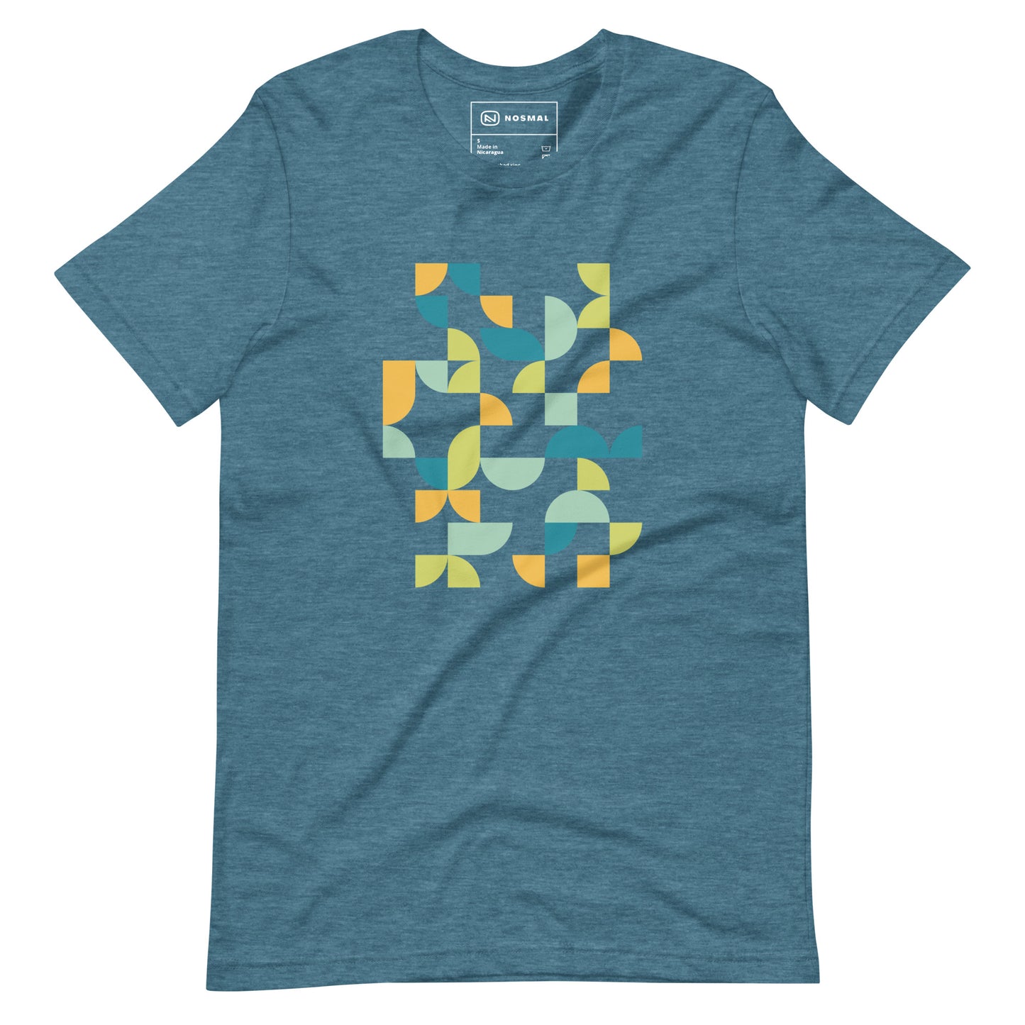 Straight on view of geometria I midday design on heather deep teal unisex t-shirt.