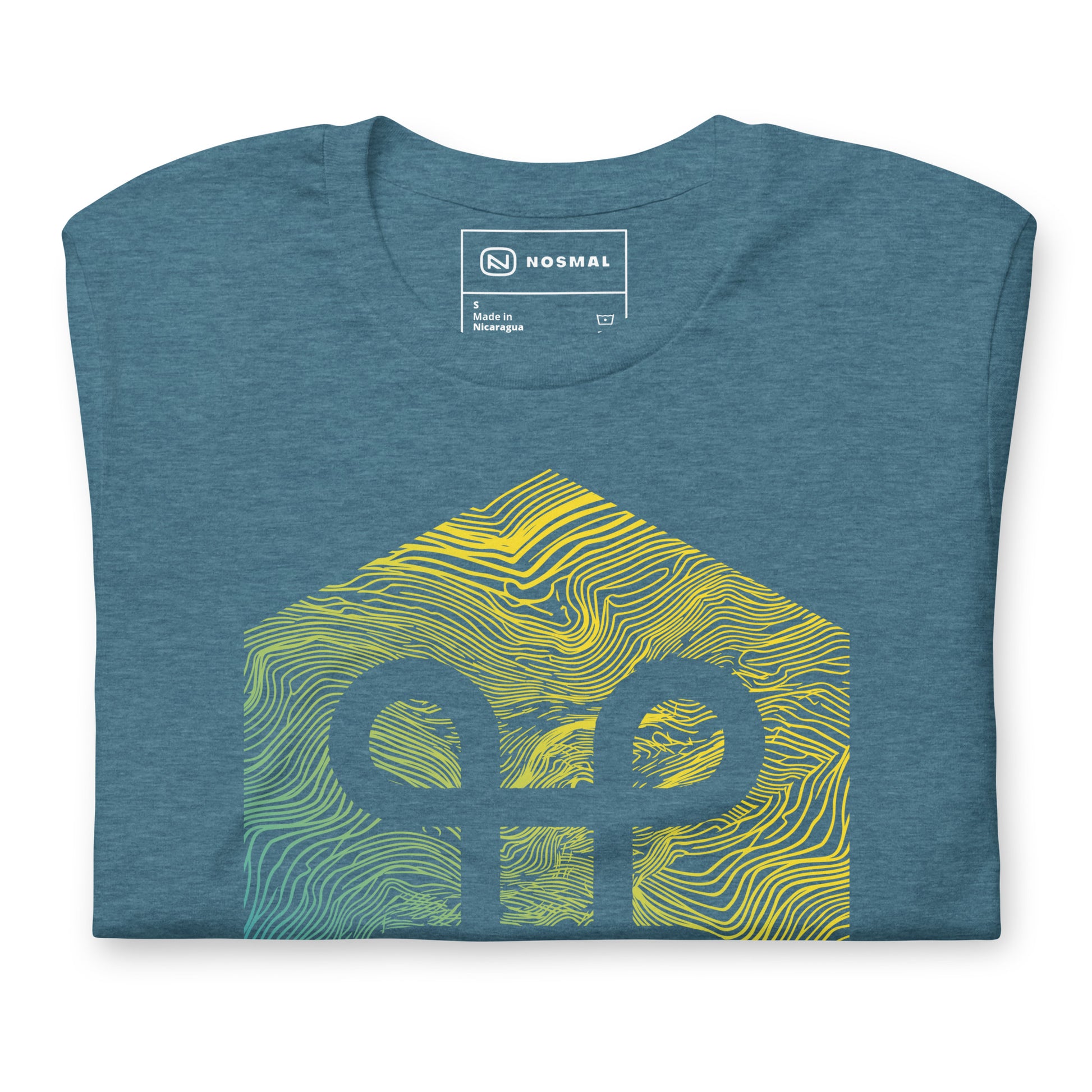 Top down view of the commander gradient design on heather deep teal unisex t-shirt.