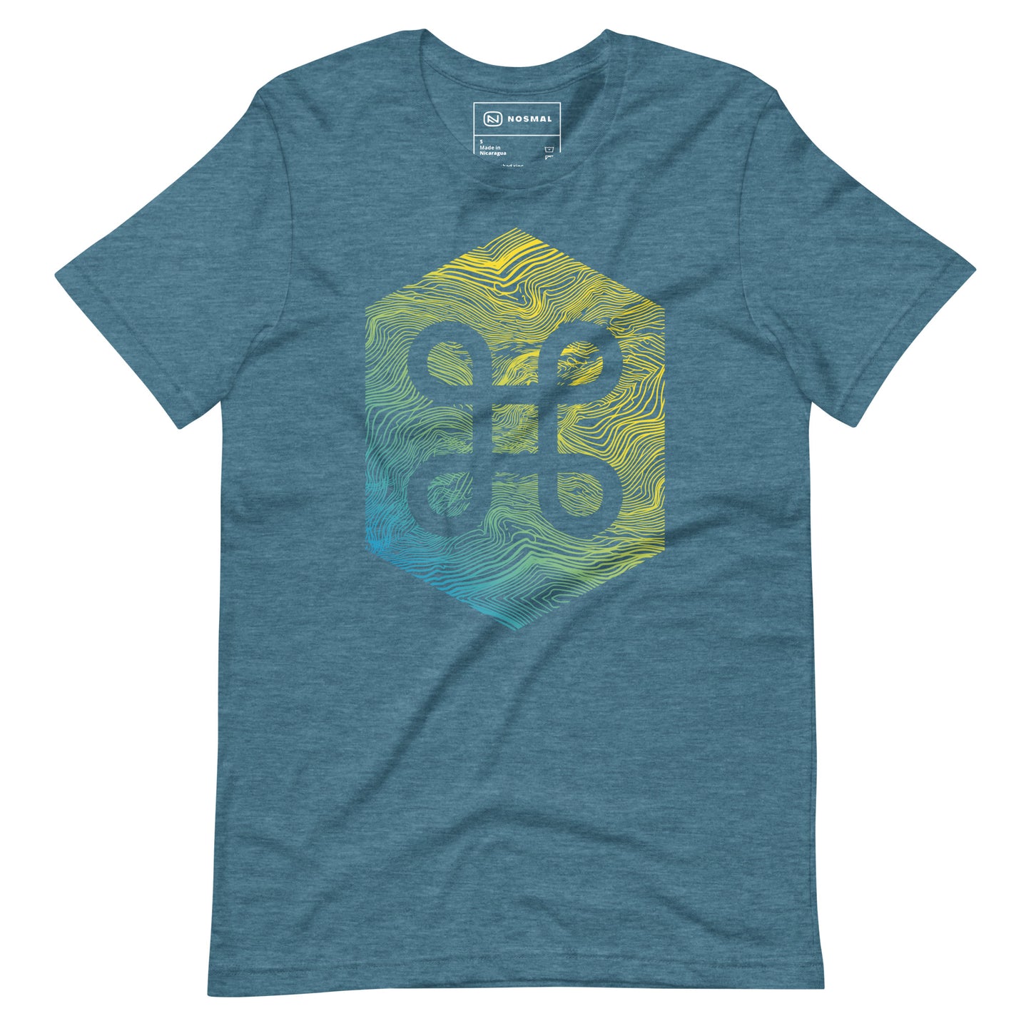 Straight on view of the commander gradient design on heather deep teal unisex t-shirt.