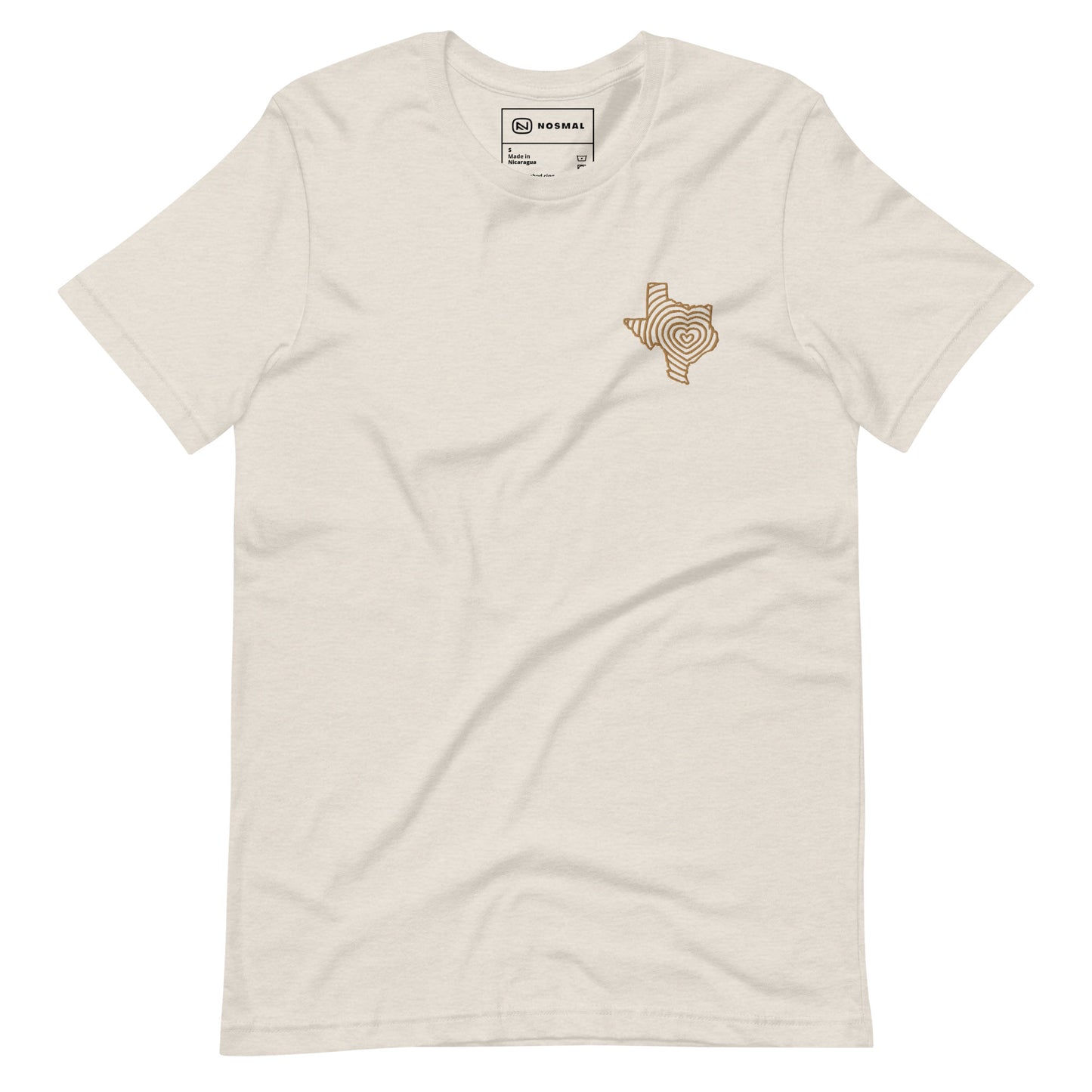 Straight on view of heartbeat of texas gold embroidered design on heather dust unisex t-shirt.