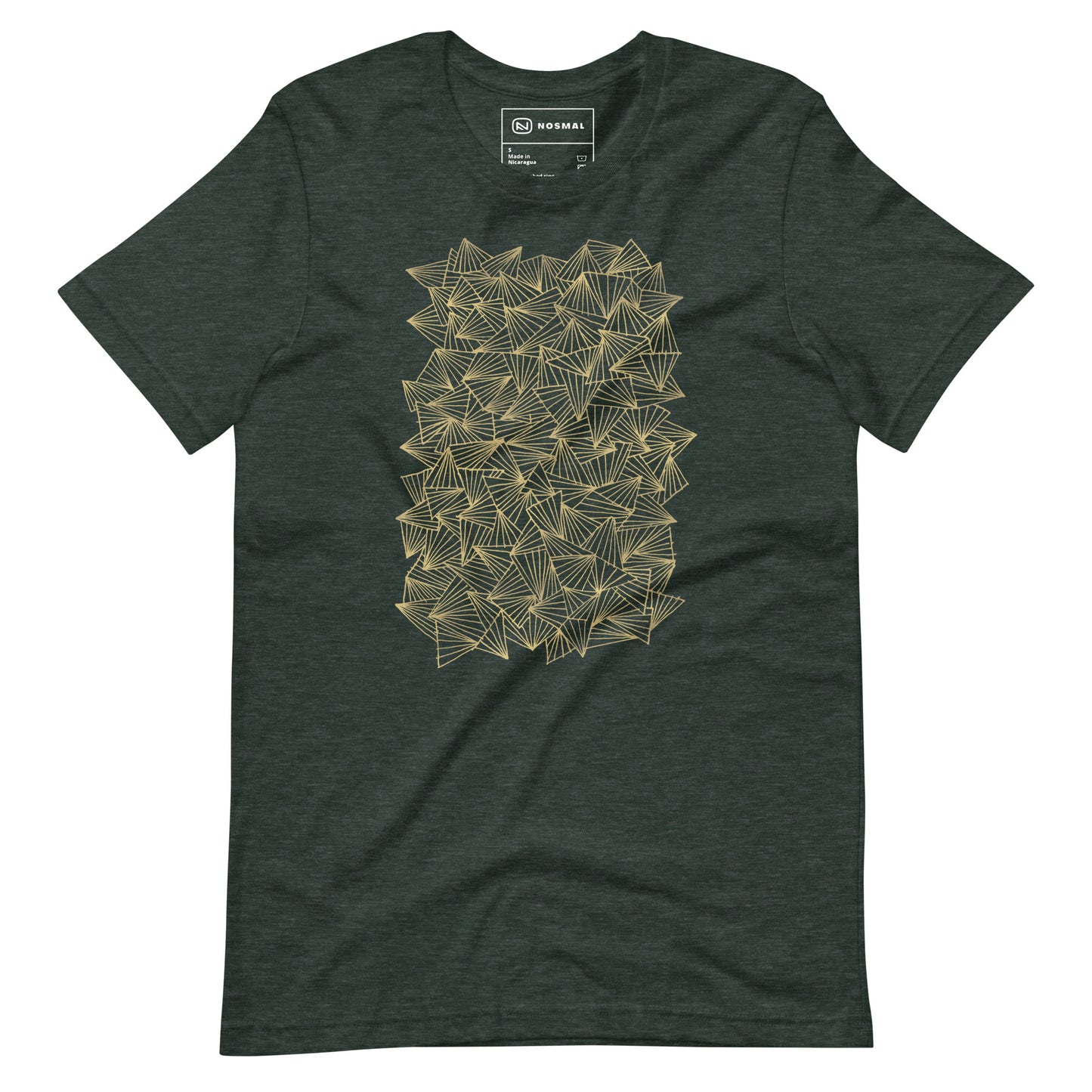 Straight on view of gaggle of triangles gold design on heather forest unisex t-shirt.