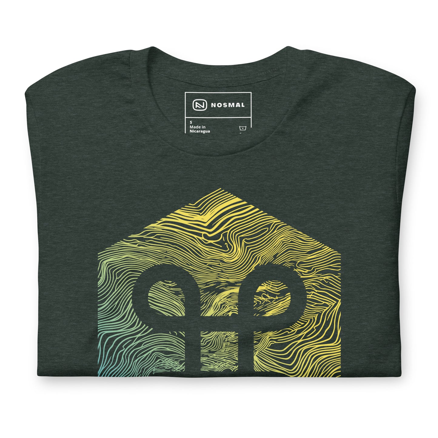 Top down view of the commander gradient design on heather forest unisex t-shirt.