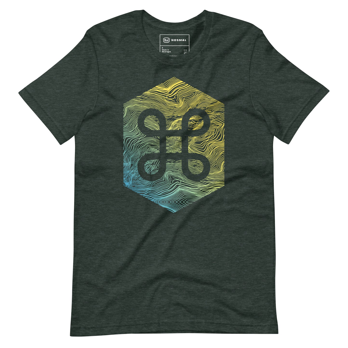 Straight on view of the commander gradient design on heather forest unisex t-shirt.