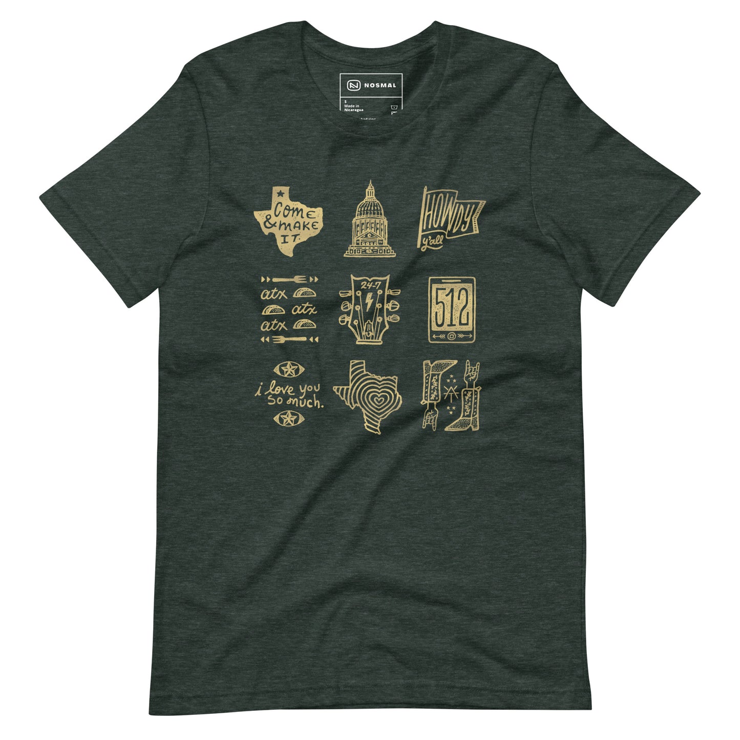 Straight on view of ode to 512 gold design on heather forest unisex t-shirt.