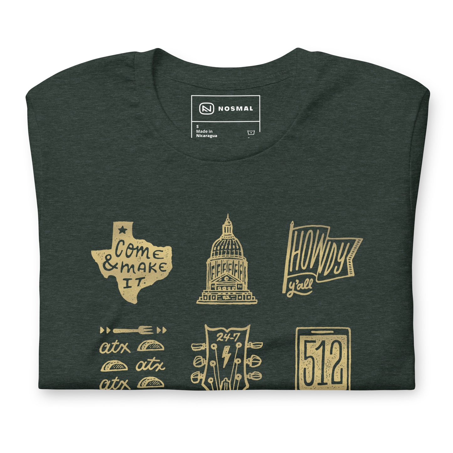 Top down view of ode to 512 gold design on heather forest unisex t-shirt.