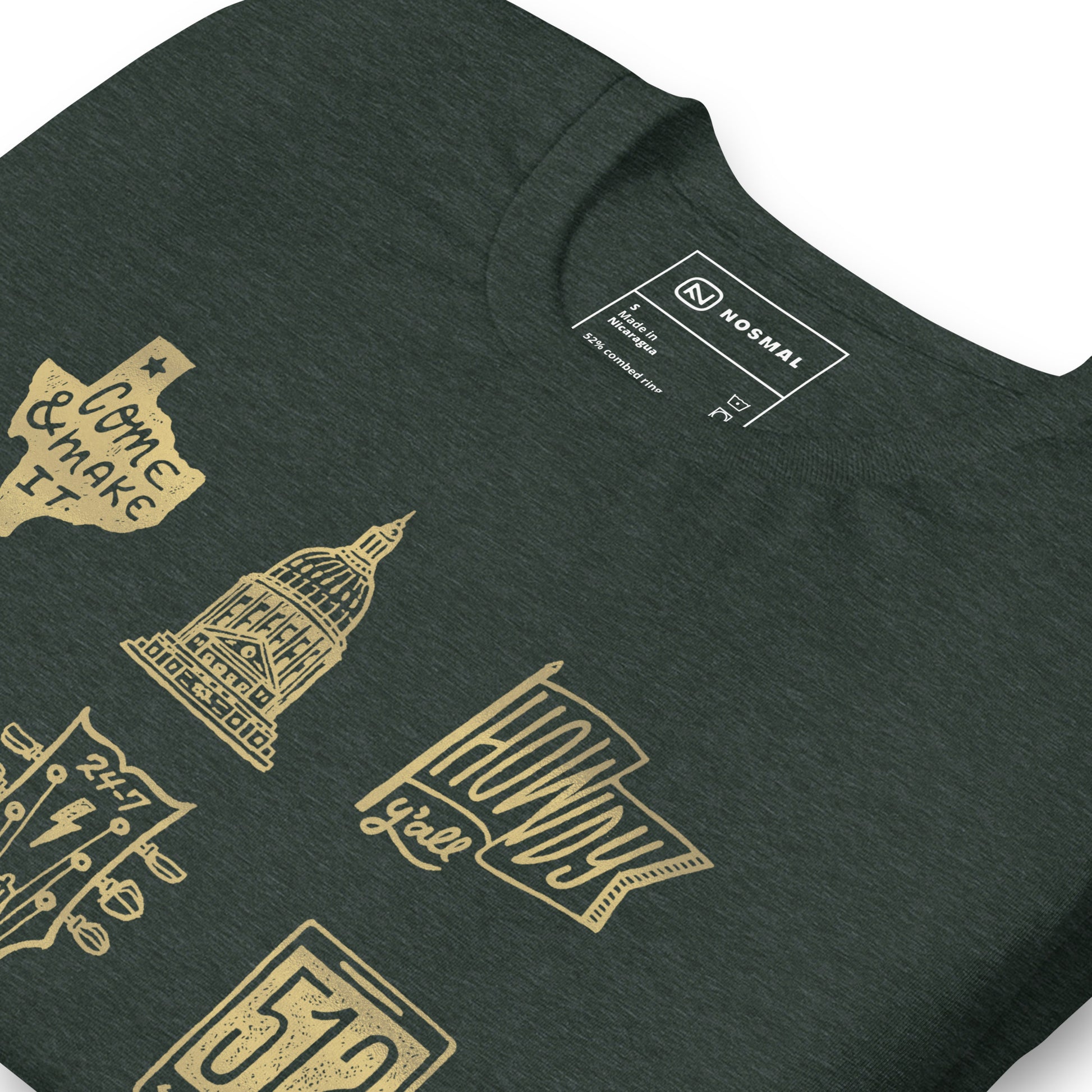 Angled close up shot of ode to 512 gold design on heather forest unisex t-shirt.
