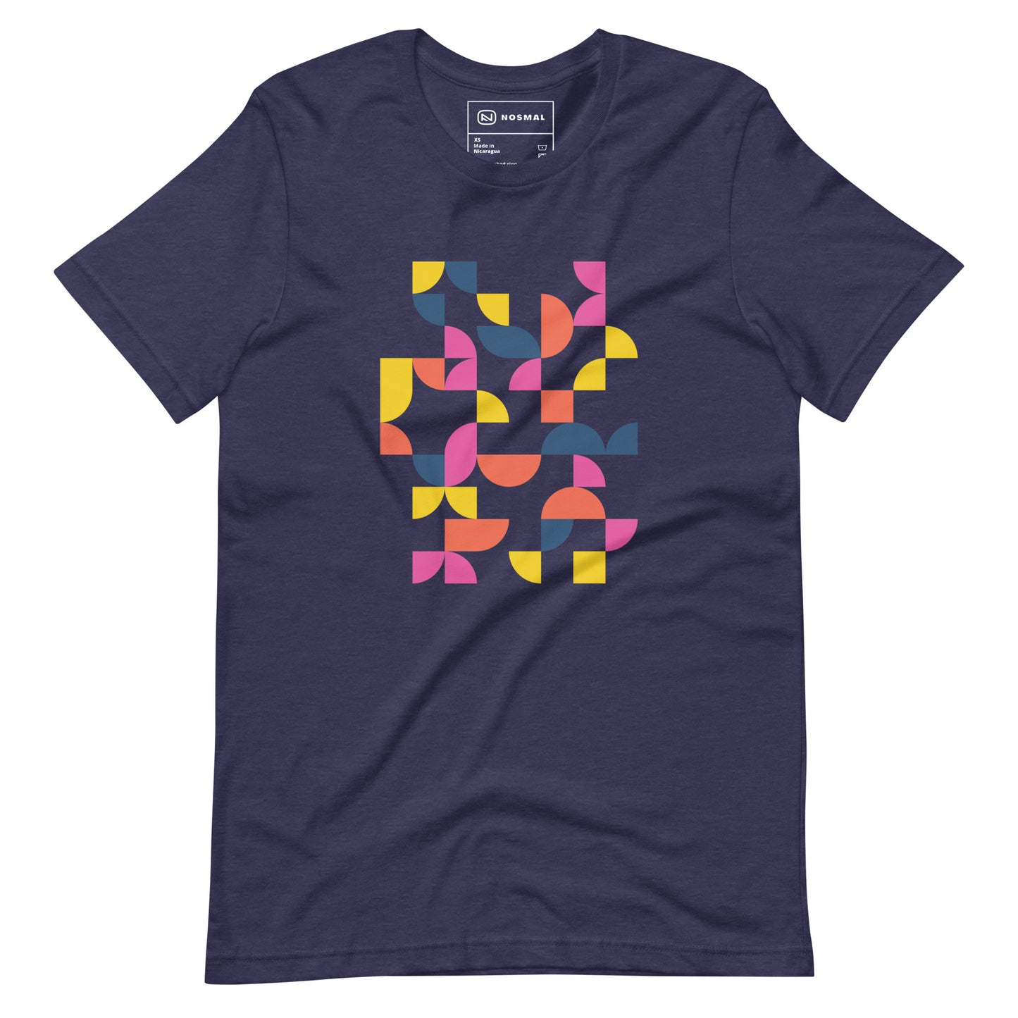 Straight on view of geometria I sunrise design on heather midnight navy unisex t-shirt.