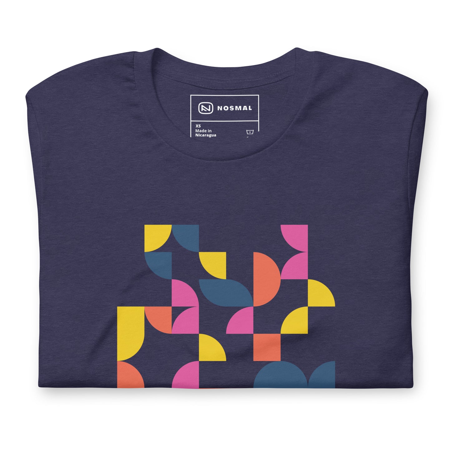 Top down view of geometria I sunrise design on heather midnight navy unisex t-shirt.