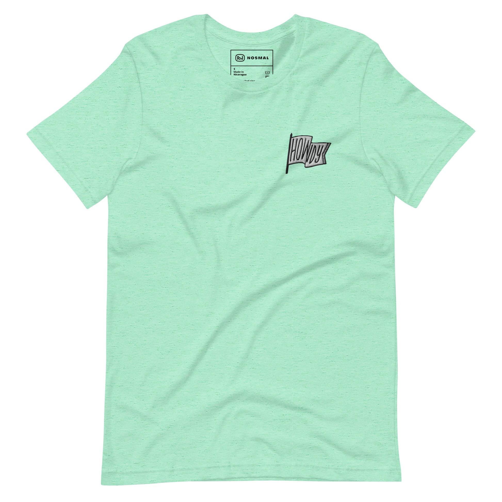 Straight on view of howdy embroidered design on heather mint unisex t-shirt.