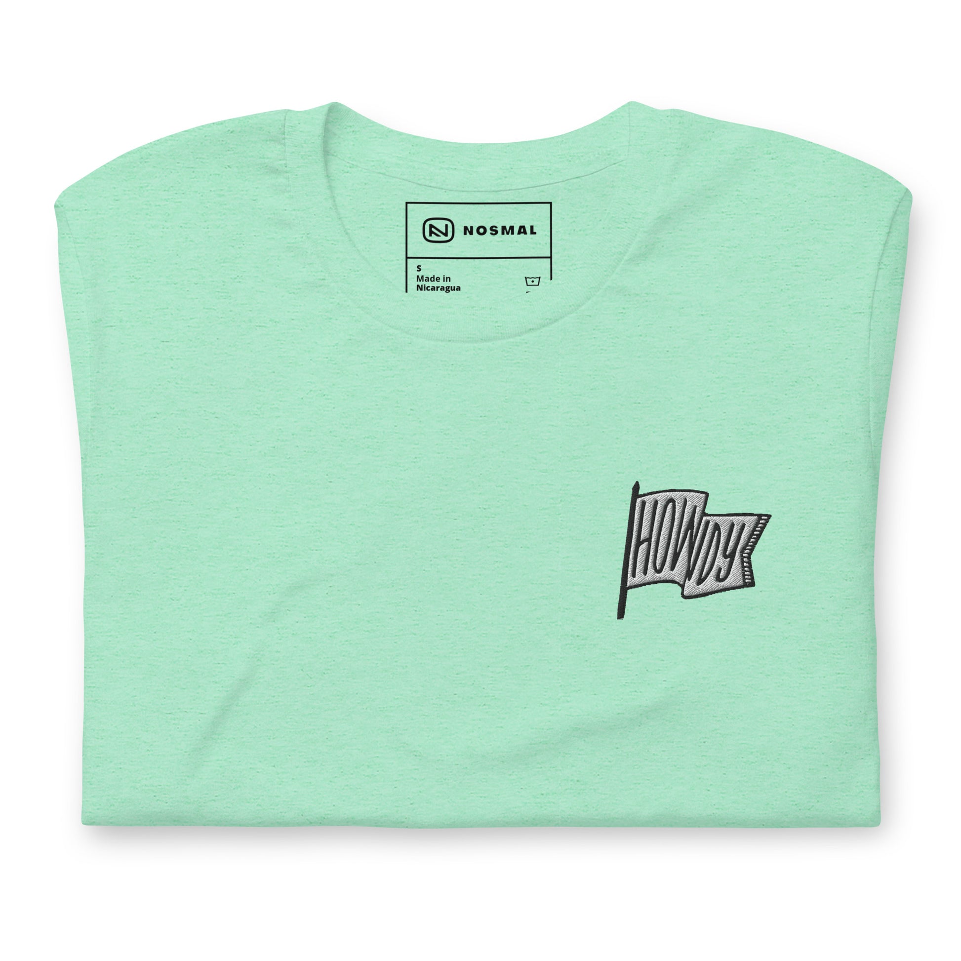 Top down view of howdy embroidered design on heather mint unisex t-shirt.