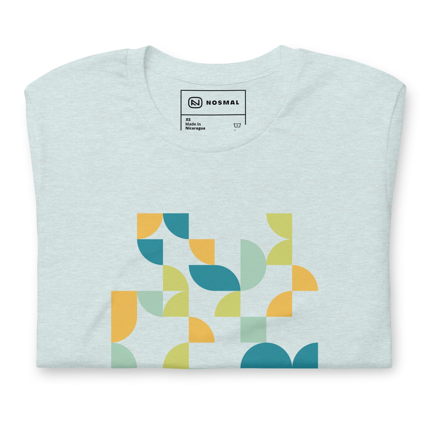 Top down view of geometria I midday design on heather prism ice blue unisex t-shirt.