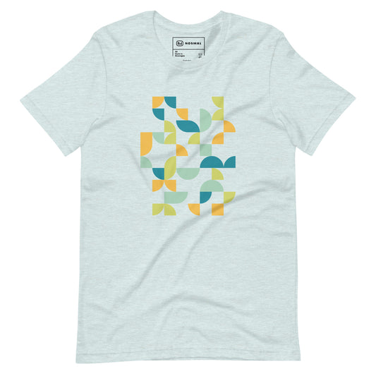 Straight on view of geometria I midday design on heather prism ice blue unisex t-shirt.