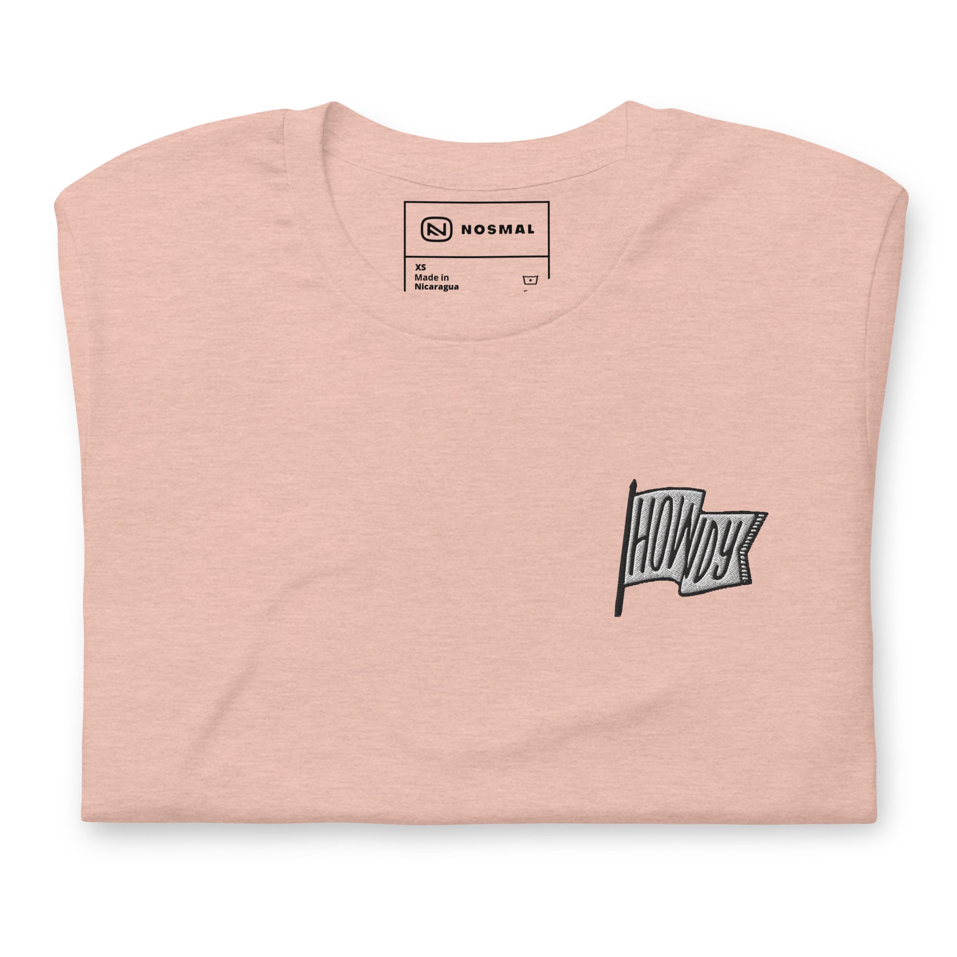 Top down view of howdy embroidered design on heather prism peach unisex t-shirt.