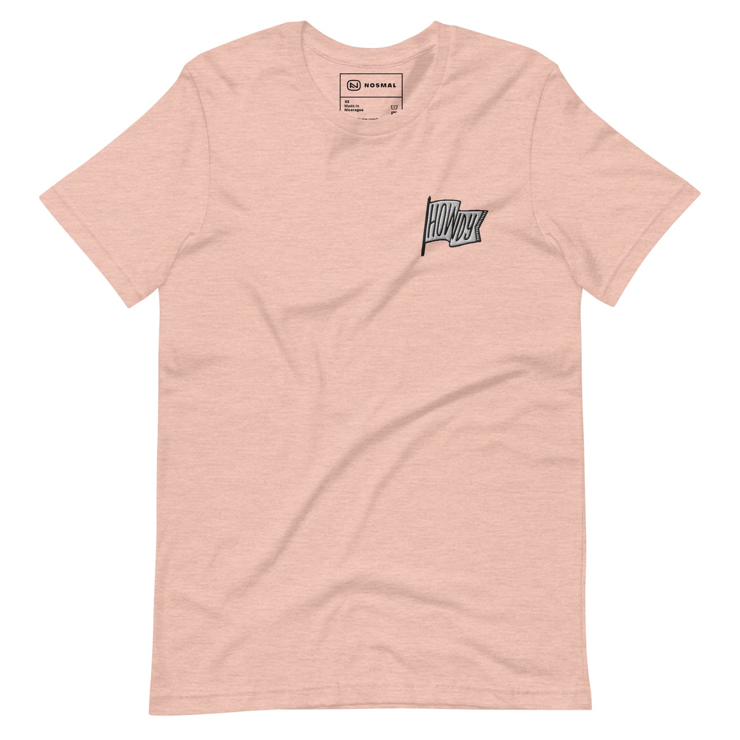 Straight on view of howdy embroidered design on heather prism peach unisex t-shirt.