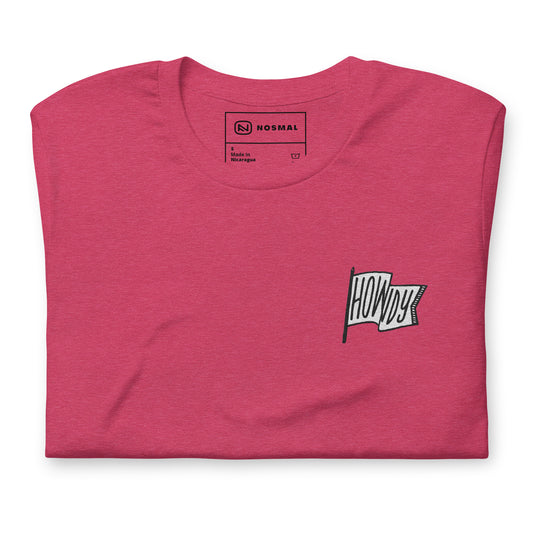 Top down view of howdy embroidered design on heather raspberry unisex t-shirt.