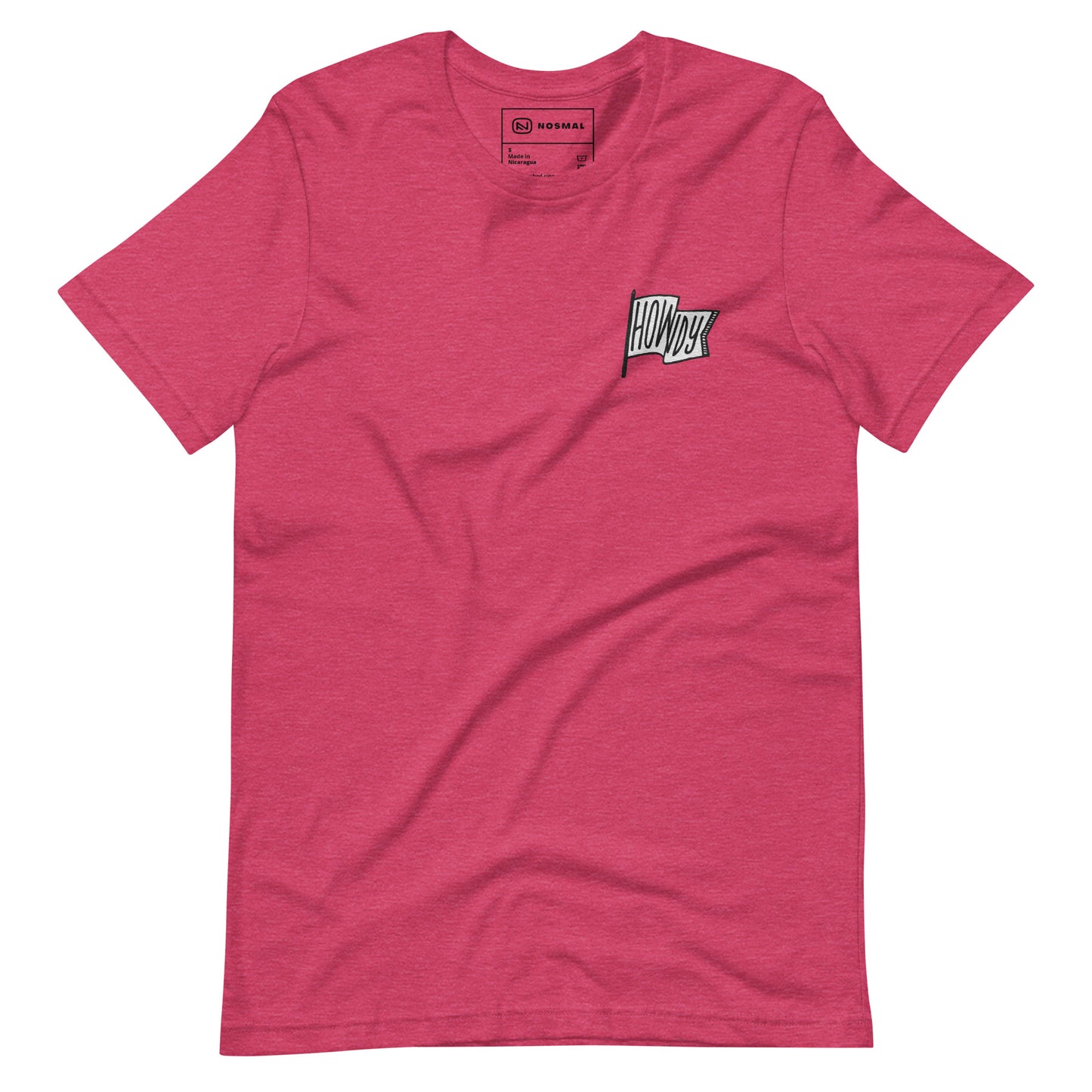 Straight on view of howdy embroidered design on heather raspberry unisex t-shirt.