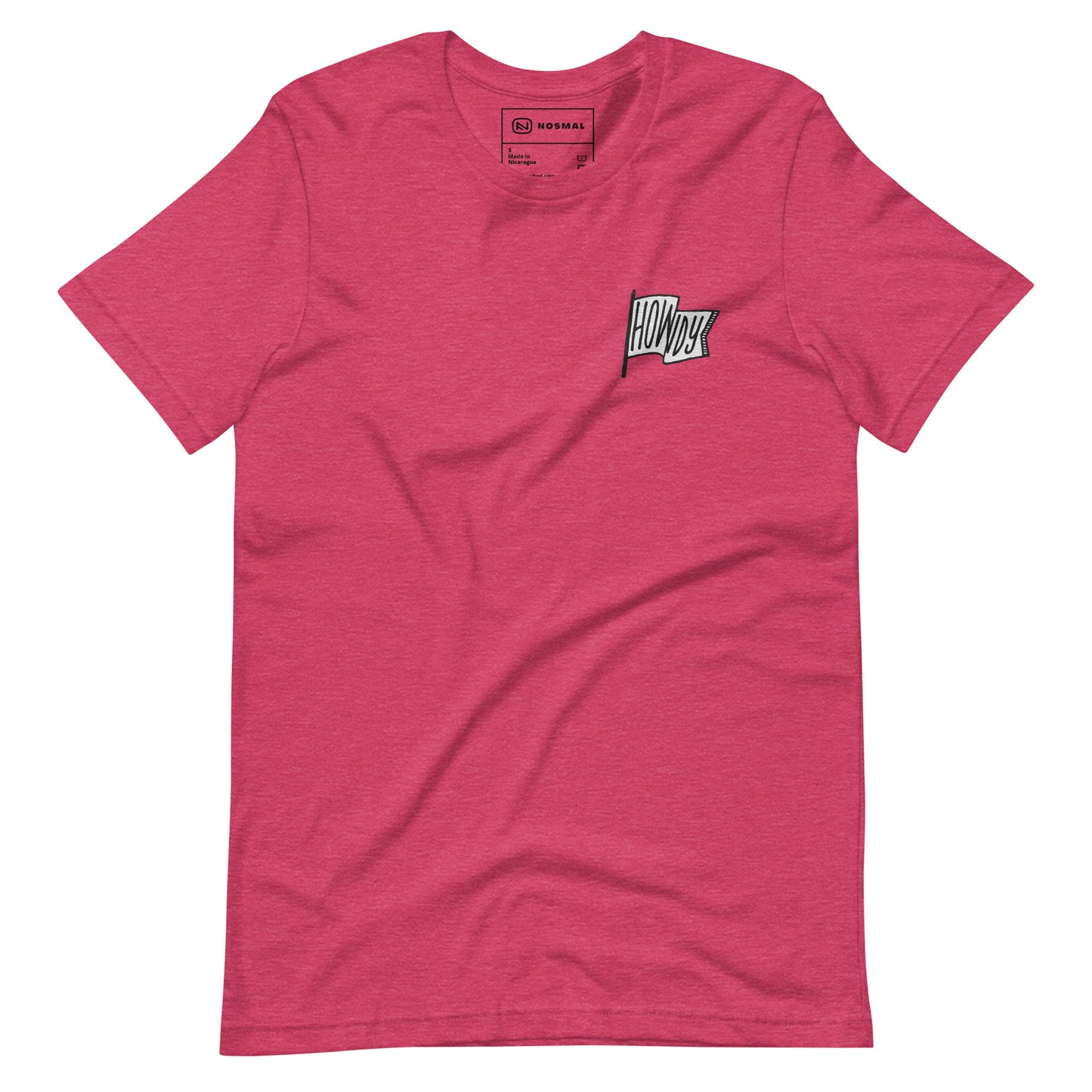 Straight on view of howdy embroidered design on heather raspberry unisex t-shirt.
