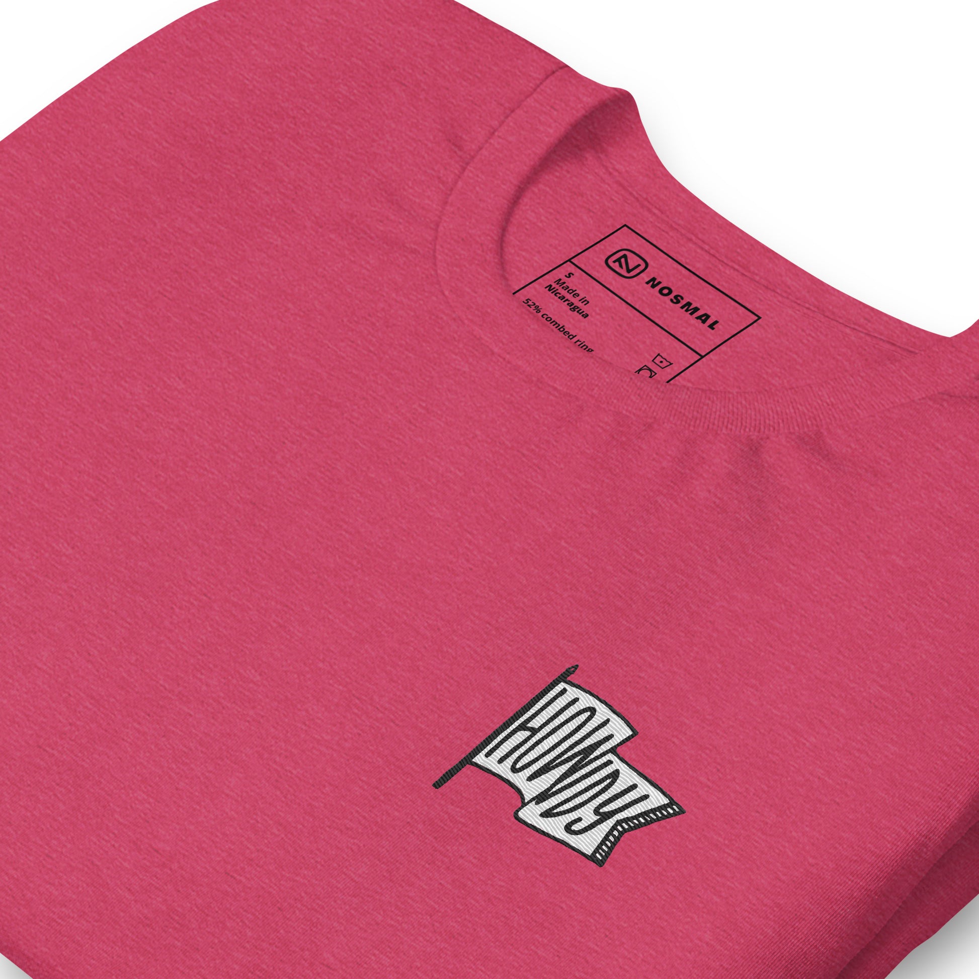 Angled close up howdy embroidered design on heather raspberry unisex t-shirt.