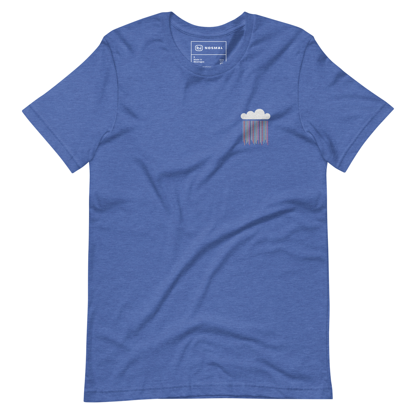 Straight on view of prism rain embroidered design on heather true royal unisex t-shirt.