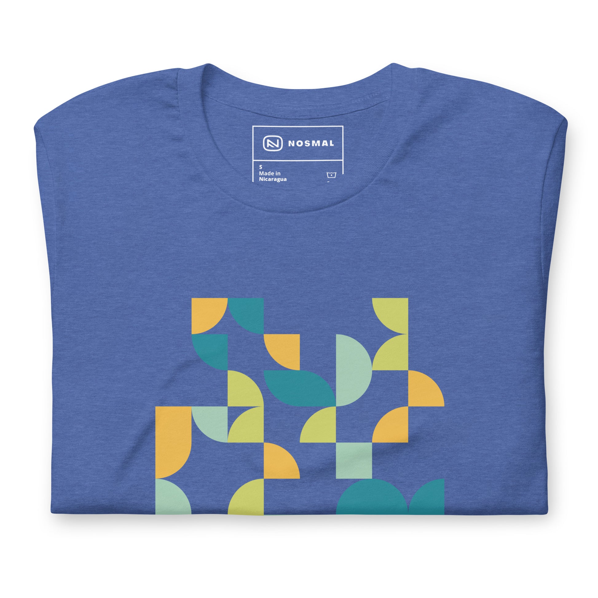 Top down view of geometria I midday design on heather true royal unisex t-shirt.