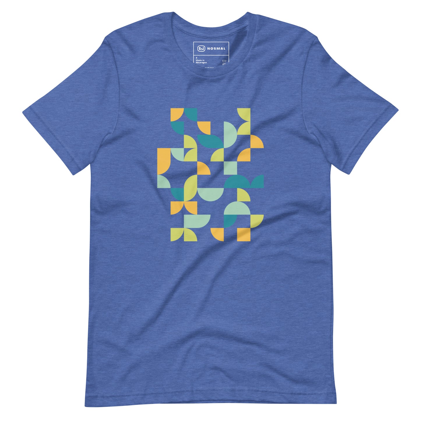 Straight on view of geometria I midday design on heather true royal unisex t-shirt.