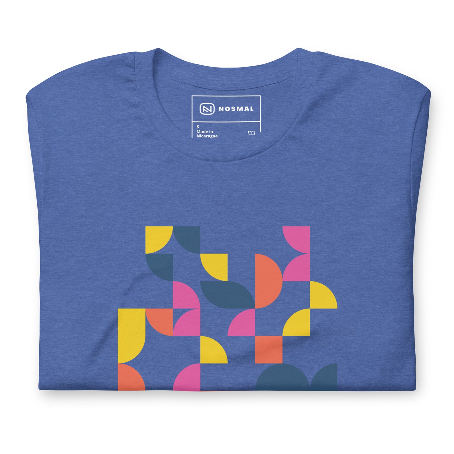 Top down view of geometria I sunrise design on heather true royal unisex t-shirt.