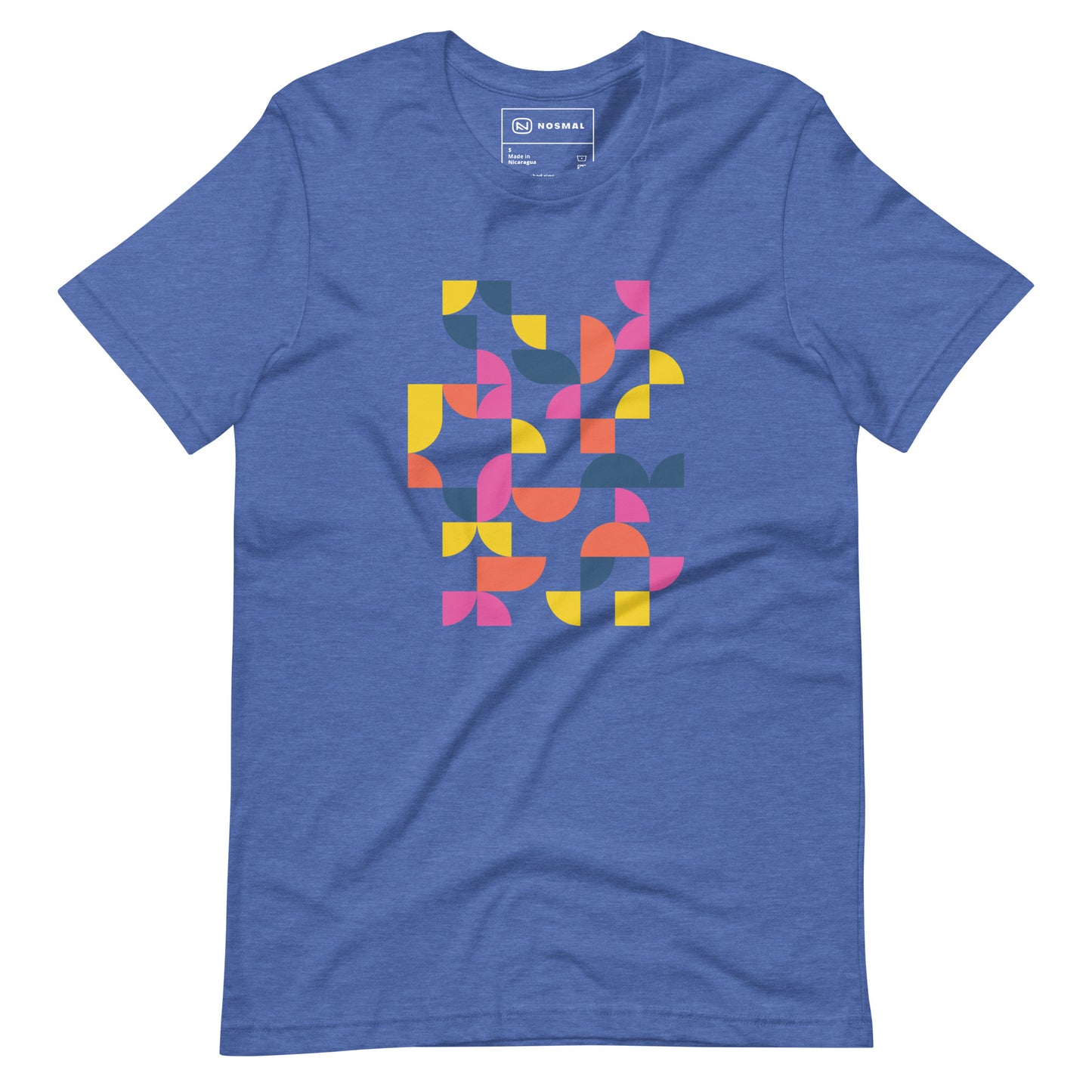 Straight on view of geometria I sunrise design on heather true royal unisex t-shirt.