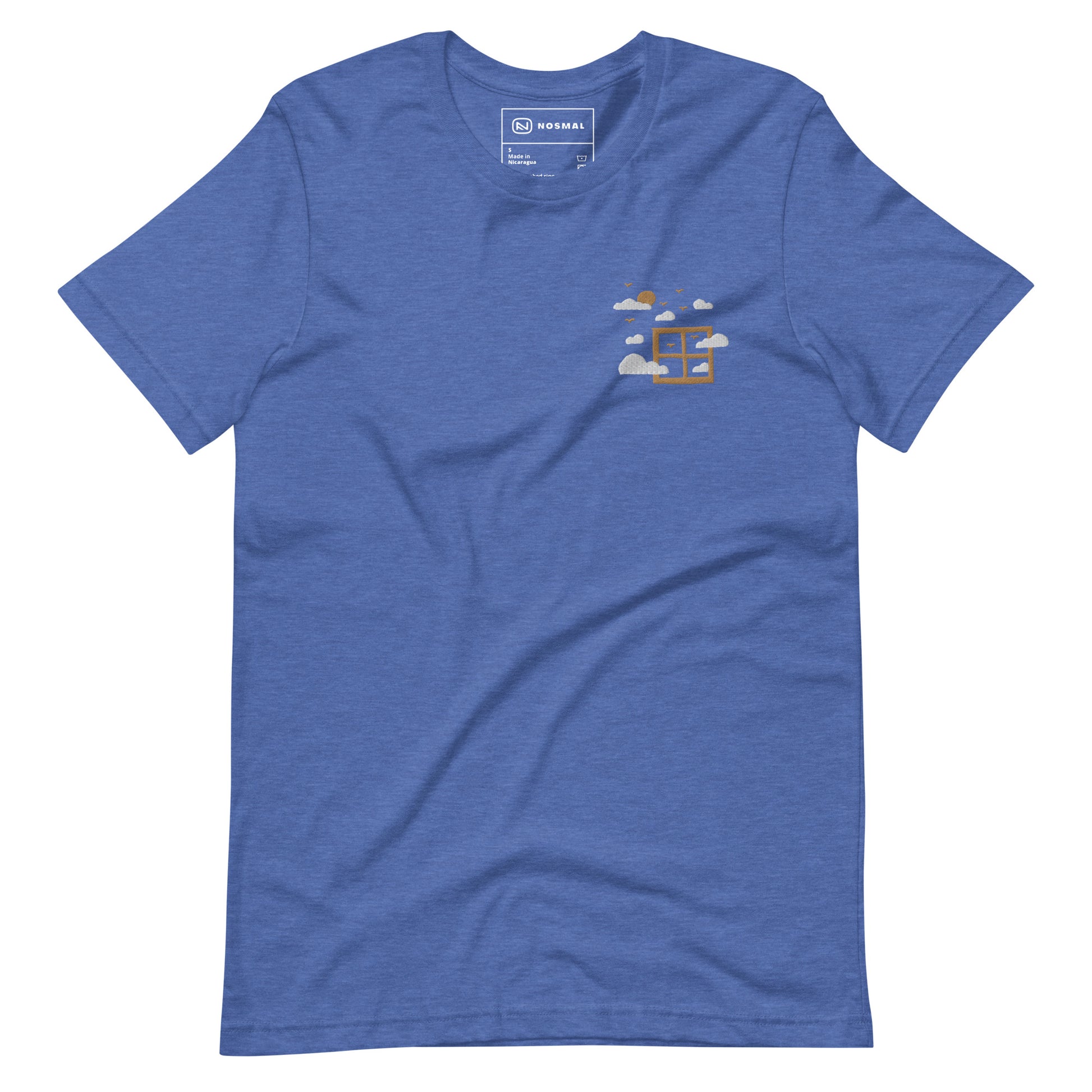 Straight on view of fresh air embroidered design on heather true royal unisex t-shirt.