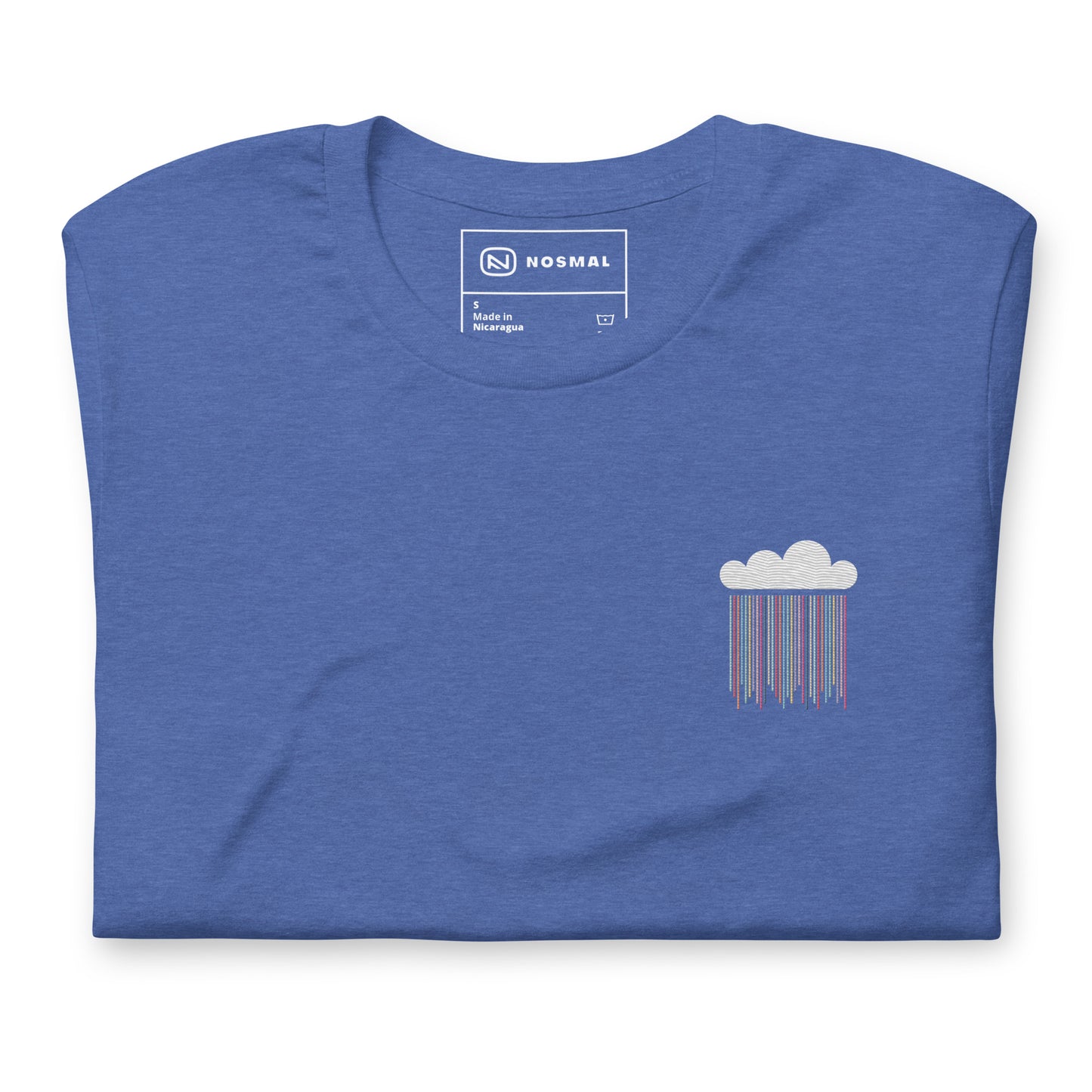 Top down view of prism rain embroidered design on heather true royal unisex t-shirt.