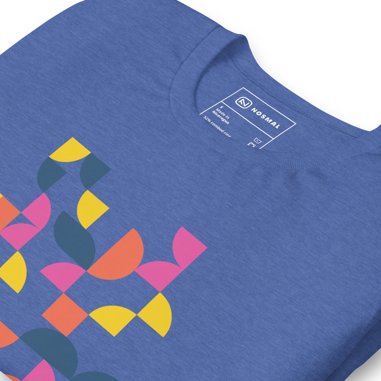 Angled close up shot of geometria I sunrise design on heather true royal unisex t-shirt.